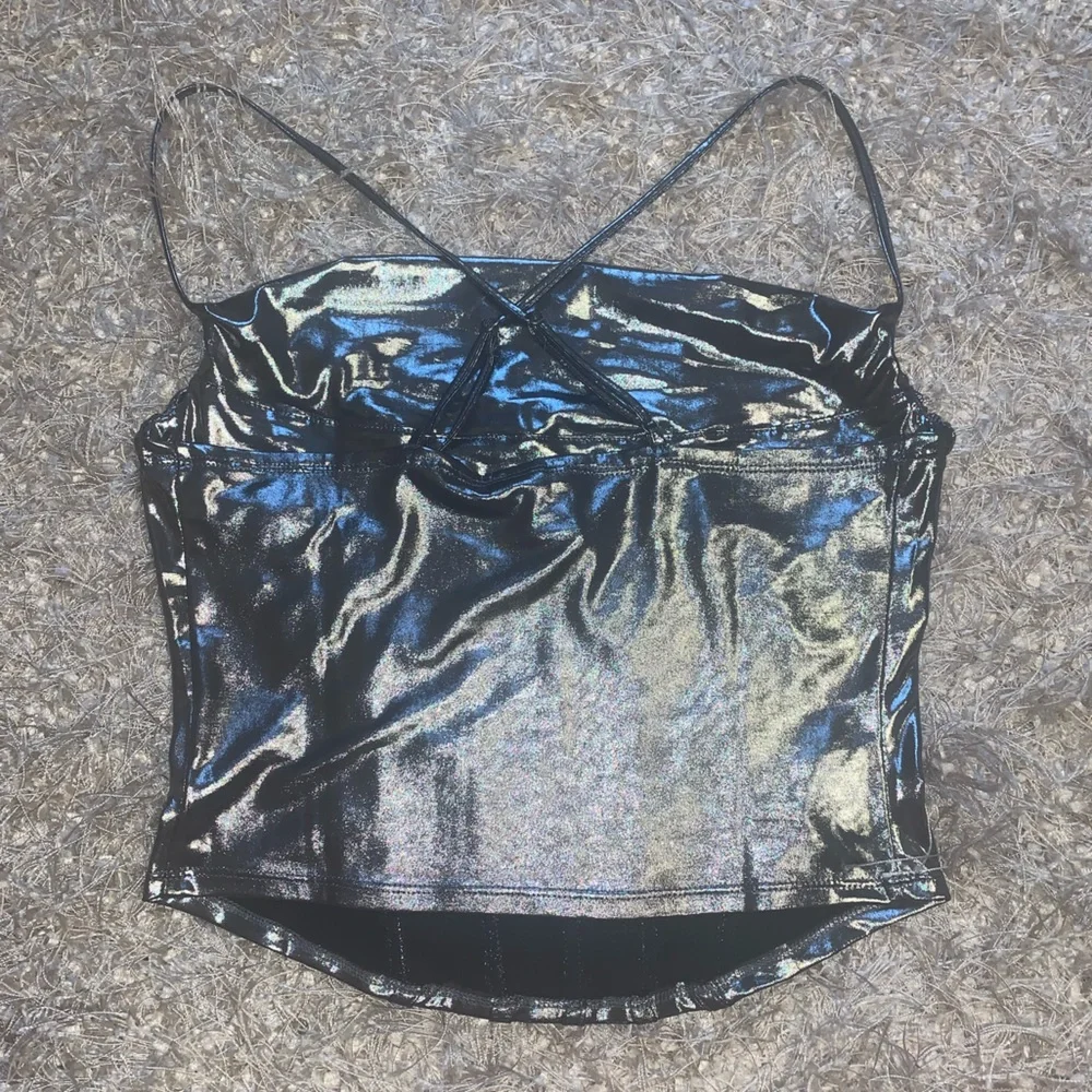 Silver gunmetal corset style crop top sz S - Picture 6 of 7